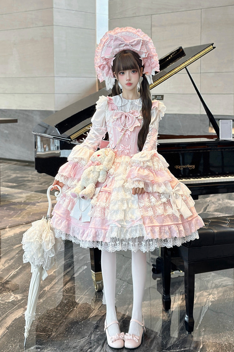 Sakura Love Multi-Layered Jacquard Ruffle Embroidery Cardigan Bowknot Lace Sweet Gorgeous Lolita Jsk Dress 2 Colors
