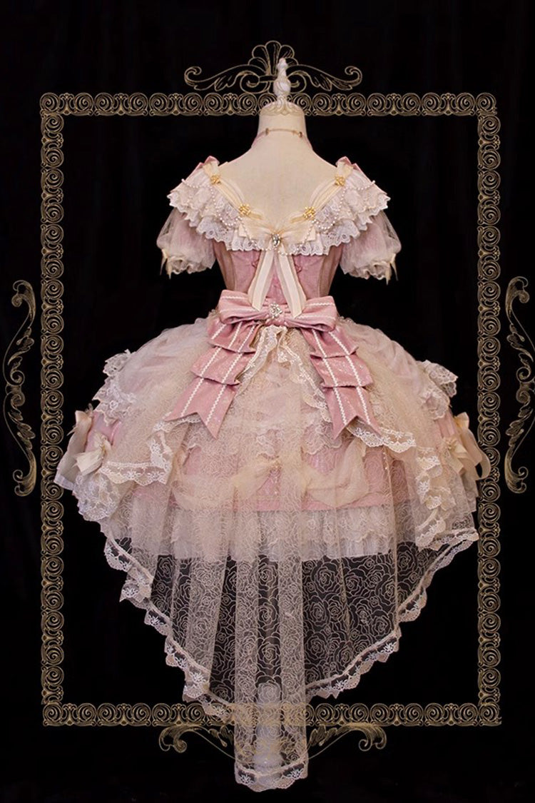 Pink Girls' Day Short Sleeves Multi-Layered Ruffle Bowknot Lace Sweet Lolita Dress 2 Versions
