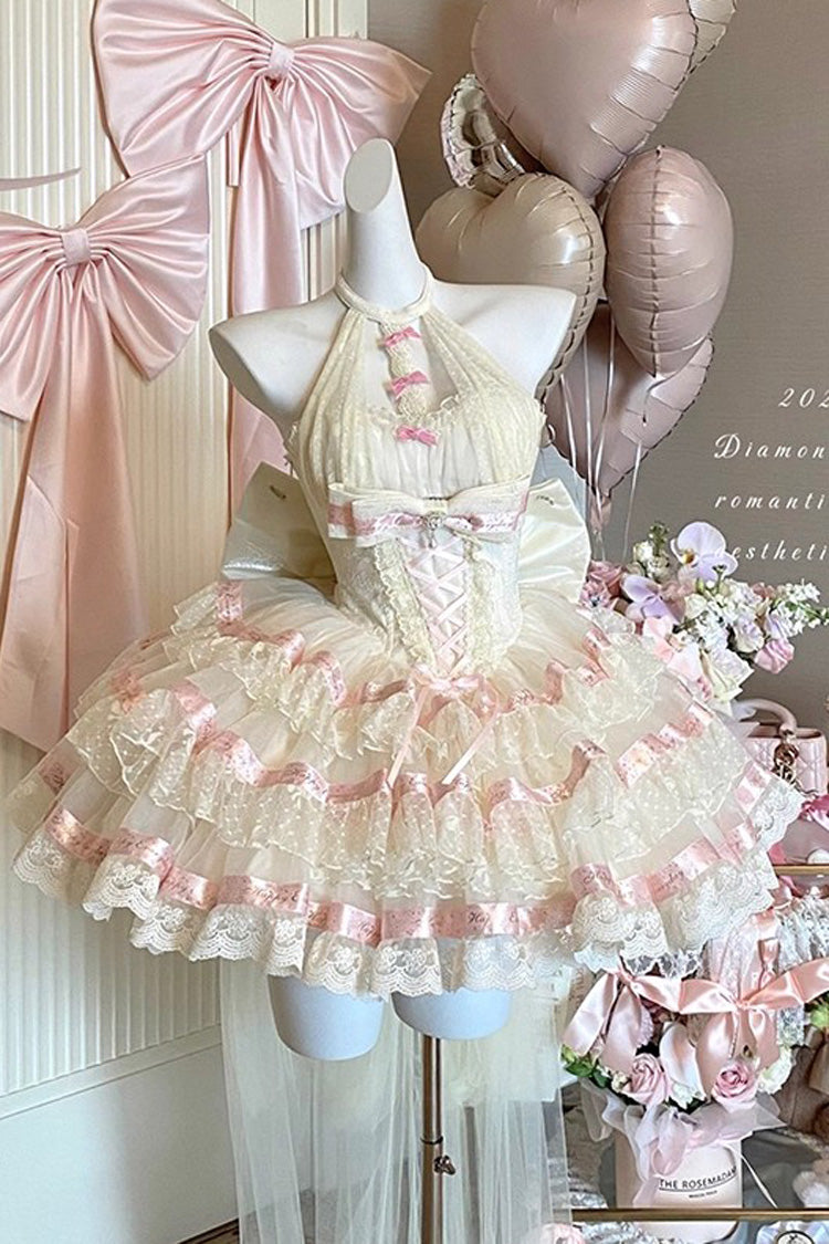 Beige Ballet Dream Halterneck Triple-Layered Ruffle Bowknot Lace-Up Sweet Princess Lolita Dress