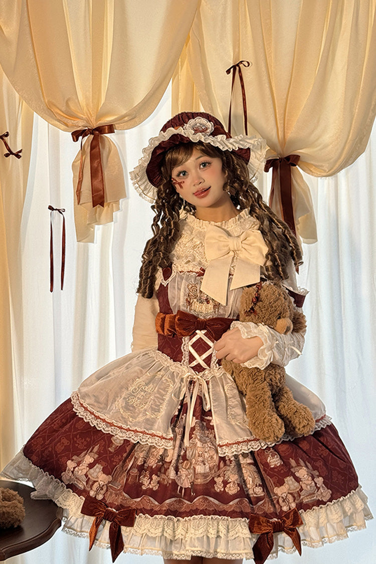 Castle Bear Sleeveless Print Ruffle Bowknot Lace Sweet Lolita Jsk Dress 4 Colors