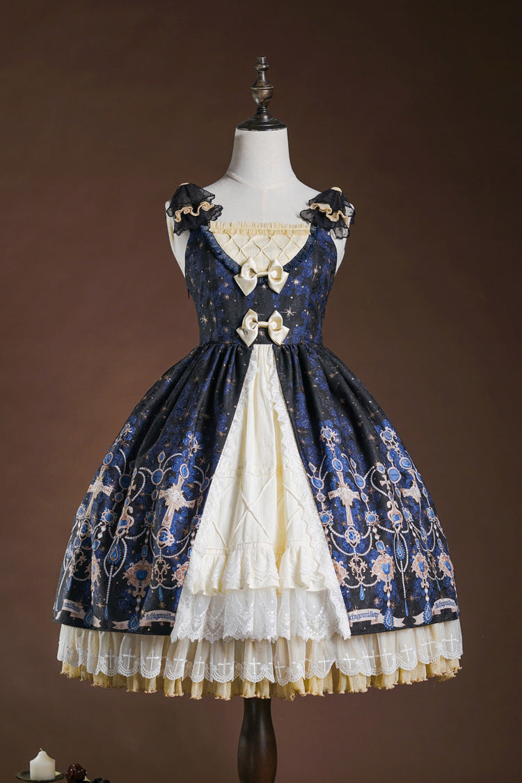 Blue/White Stone of Eden Triple-Layered Print Ruffle Hot Stamping Cardigan Bowknot Lace Elegant Sweet Lolita Jsk Dress