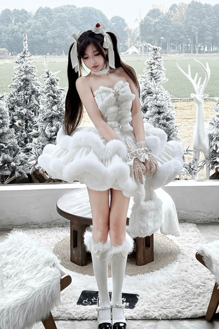 White Holiday Double-Layered Bowknot Sweet Princess Lolita Strapless Dress