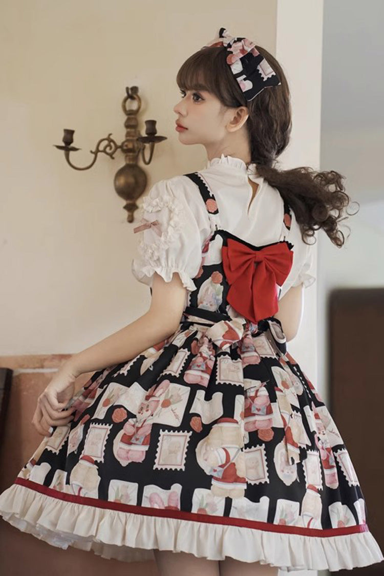 Black Letter from Showa Rabbit and letter Print Ruffle Bowknot Sweet Princess Lolita Strap Dress