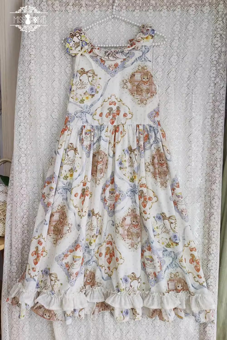 Cat Rose Tea Sleeveless Print Ruffle Bowknot Sweet Lolita Jumper Dress Version2 3 Colors