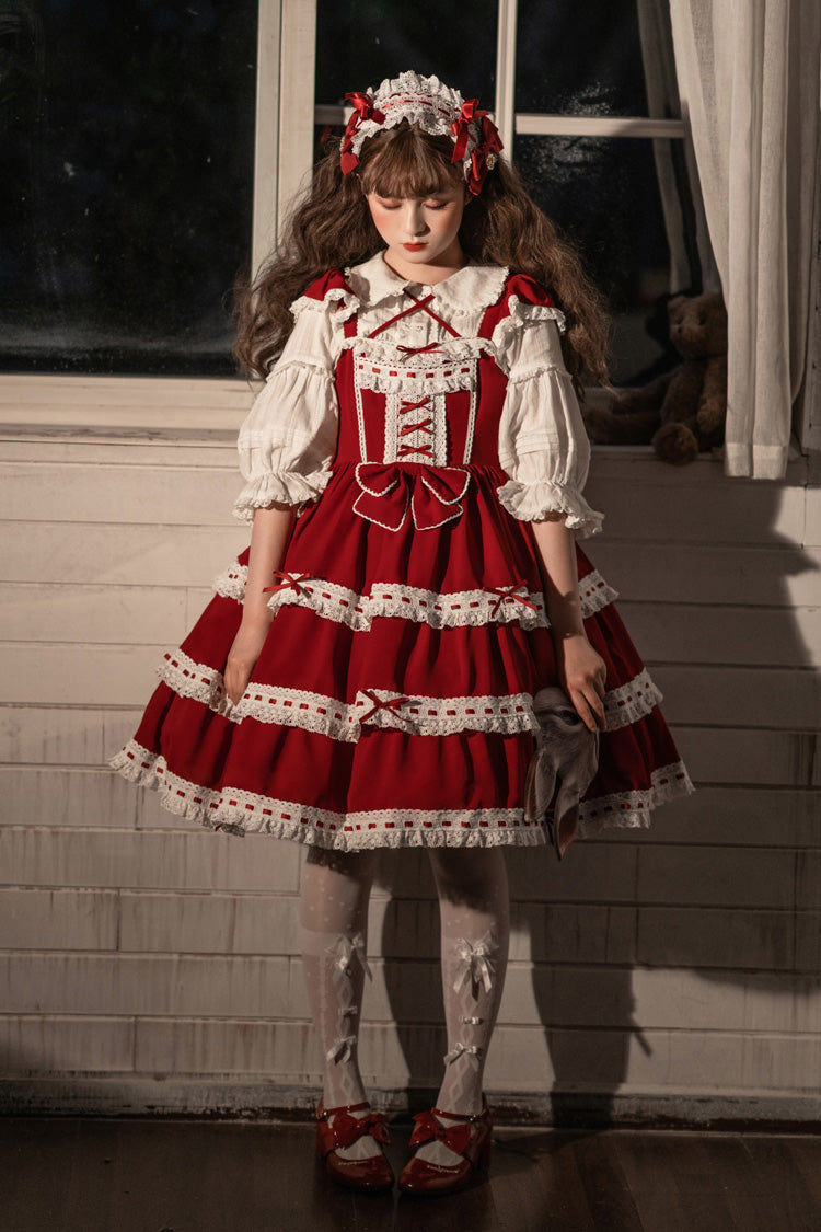 Red Antique Dolls Triple-Layered Bowknot Sweet Lolita Jsk Dress