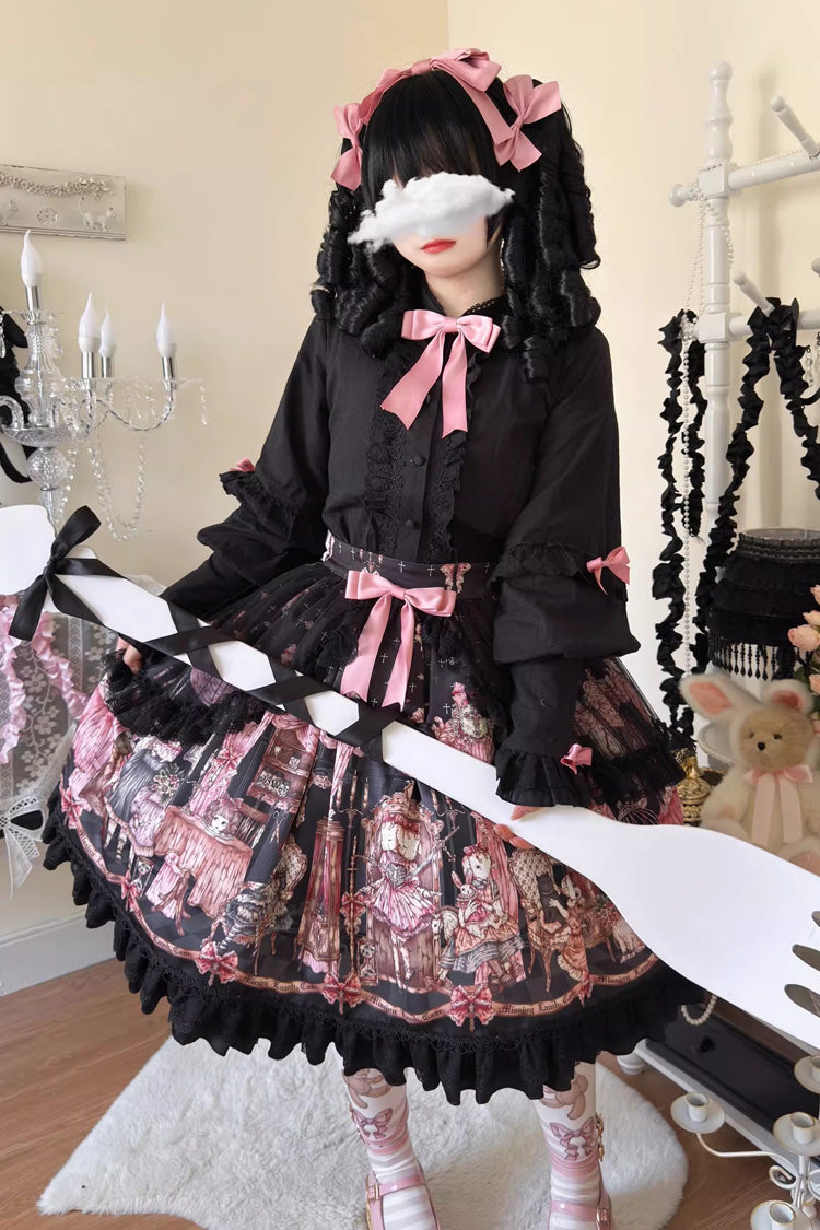 Black The Case of the Missing Lamb Print Ruffle Bowknot Lace Gothic Lolita SK Skirt