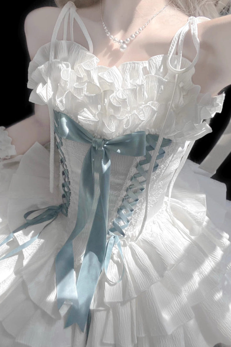 Thousand Paper Cranes Sleeveless Multi-Layered Ruffle Bowknot Lace-Up Fishbone Gothic Lolita Jsk Dress 4 Colors