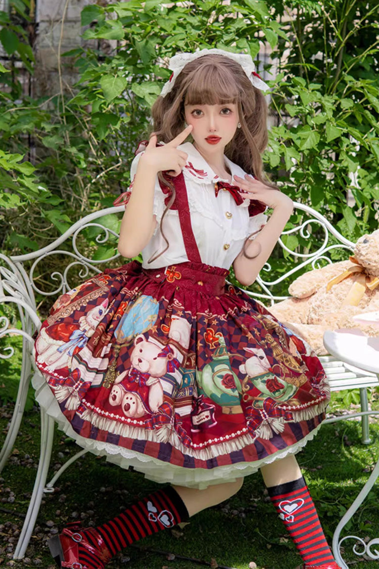 Red Rabbit and Bear Feast Print Ruffle Bowknot Sweet Lolita Skirt