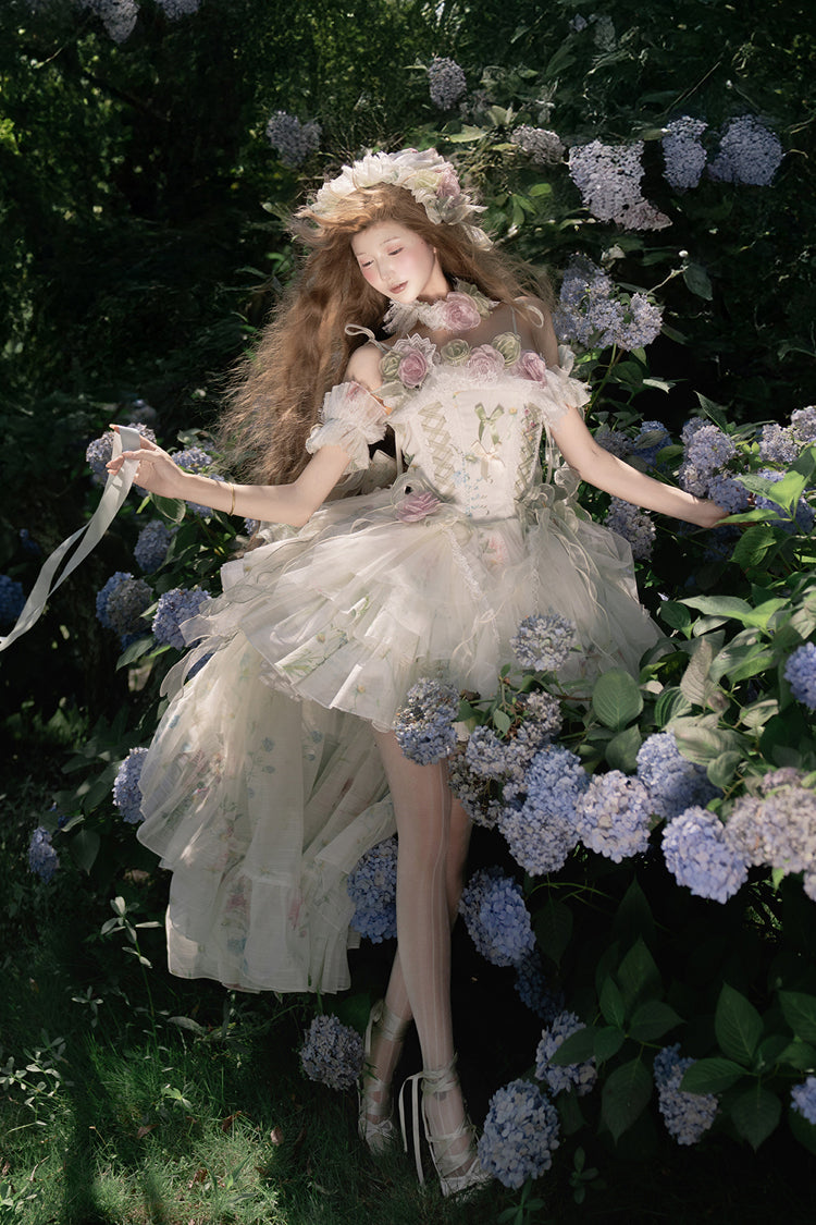 Green Spring Rose Sleeveless Multi-Layered Bowknot Lace-Up Fishbone Sweet Lolita Jsk Dress