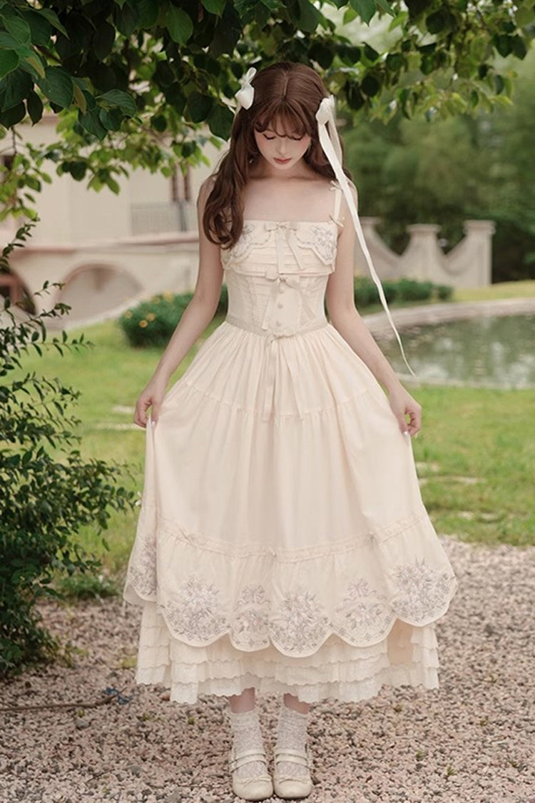 Apricot Fantasy Butterfly Triple-Layered Ruffle Embroidery Bowknot Lace Sweet Princess Lolita Jsk Dress