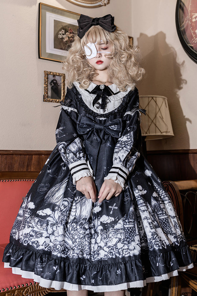 Black Castle Night Print Long Sleeves Ruffle Bowknot Gothic Lolita Dress
