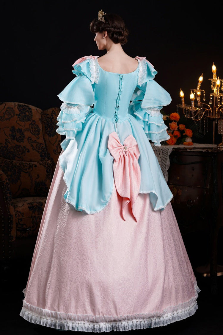 Blue/Pink Square Collar Long Trumpet Sleeves Triple-Layered Ruffled Open-Front Bow Classic Vintage Palace Lolita Victorian Dress