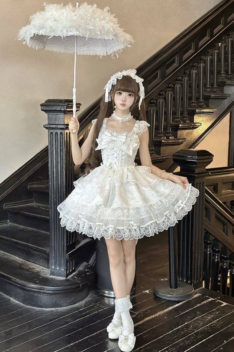 White Fleishi Island Sleeveless Ruffle Bowknot Lace Slim Sweet Ballet Lolita Jsk Dress