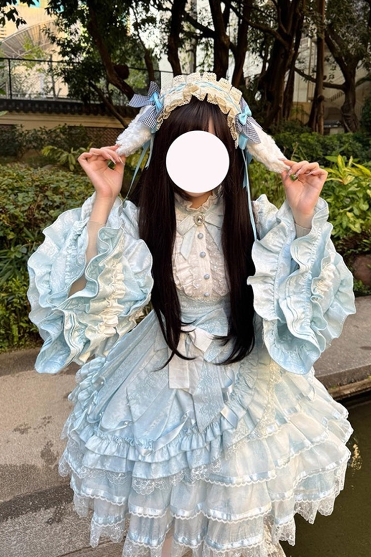 Blue The Soloist Doll Long Hime Sleeves Multi-Layered Print Ruffle Bowknot Asymmetric Sweet Lolita Dress
