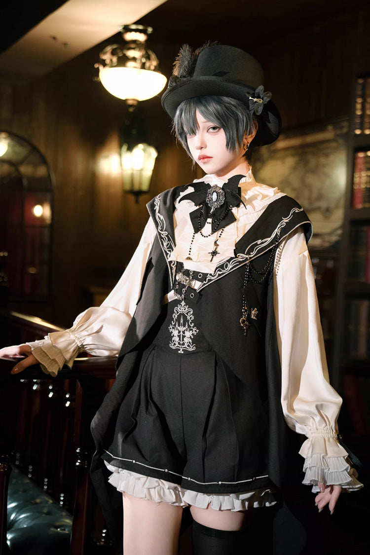 Black Rabbit-Ear Meteorite Stand Collar Long Sleeves Ruffled Embroidered Bow Gothic Ouji Lolita Shorts Vest Set