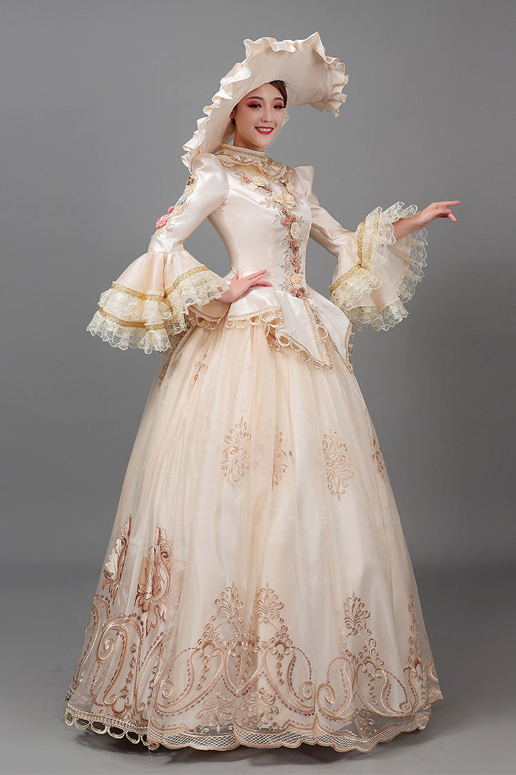 Champagne Court Style High Waisted Long Sleeves Floral Decorative Print Victorian Lolita Prom Dress