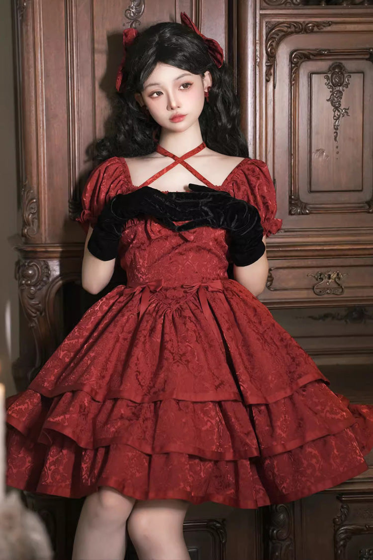 Red Thorn Rose Short Sleeves Multi-layer Ruffle Bowknot Gothic Princess Lolita Dress