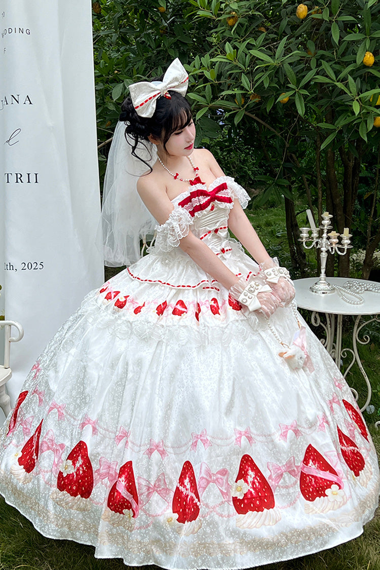 White True Love Strawberry Print Off Shoulder Sleeveless Ruffle Bowknot Lace Sweet Princess Lolita Dress Set