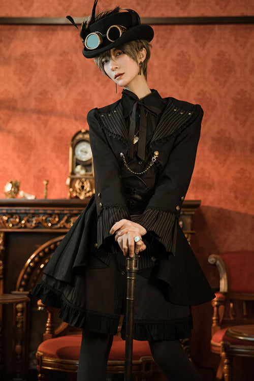 Black/Brown Single Breasted Long Sleeves Ruffled Striped Print Ouji Lolita Dress