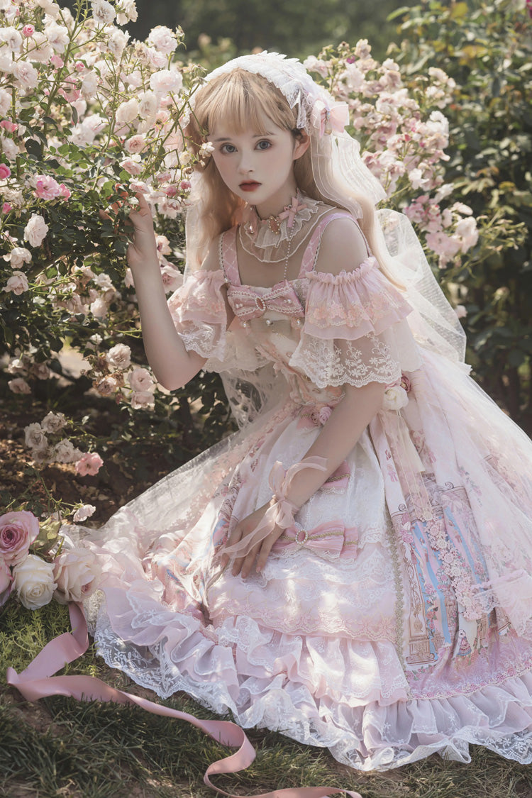 Pink Moonlight Melody Off Shoulder Sleeveless Multi-Layered Hanayome Open-Front Bow Lace Sweet Gorgeous Lolita Jsk Dress Set