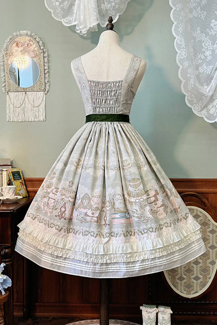 Iris Study V Collar Sleeveless Print Bowknot Lace Sweet Lolita Jumper Dress 2 Colors