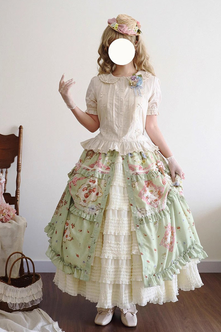 Green Cat Rose Tea Print Ruffle Daily Sweet Lolita Skirt