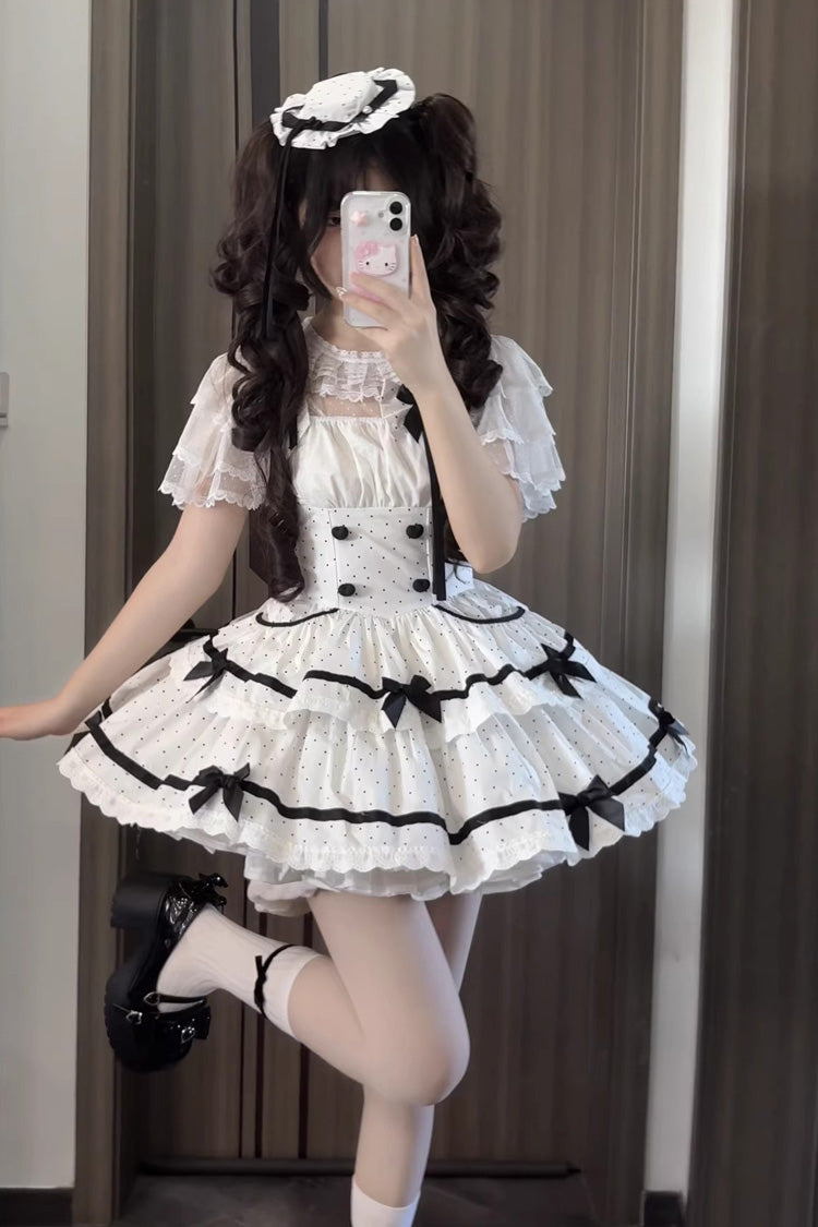 White Pure Cotton Sleeveless Double-Layered Polka Dot Print Ruffle Bowknot Daily Sweet Lolita Jsk Dress