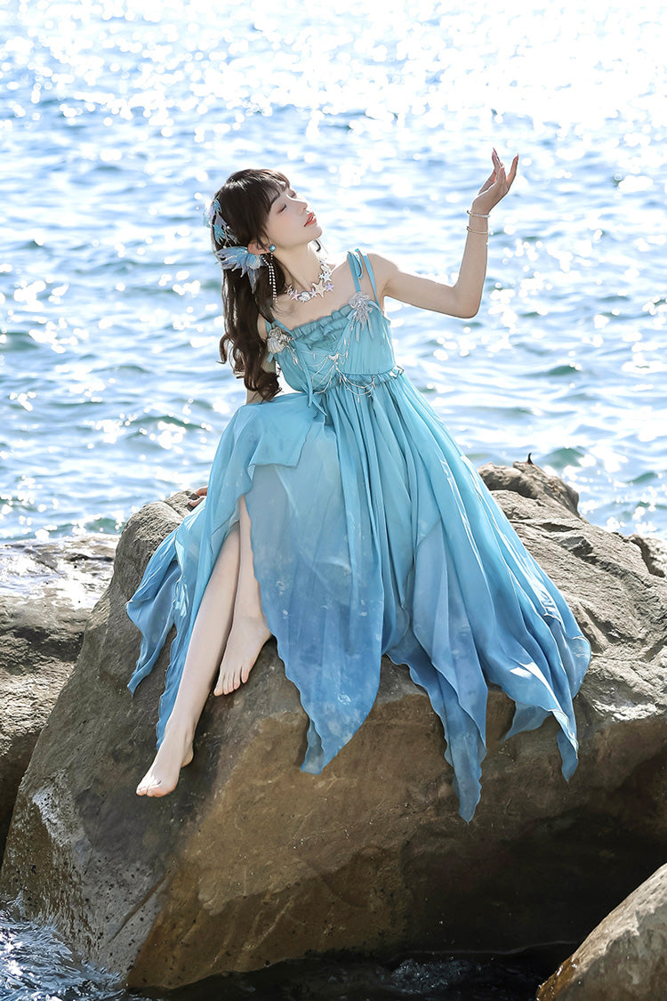 Blue Ocean Sprite Gradient Print Irregular Hooded Sweet Lolita Jsk Dress Cloak Set