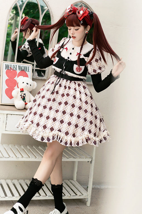 Pink Doll Collar Bubble Long Sleeve Ruffled Plaid Print With Vest Sweet Lolita OP Dress