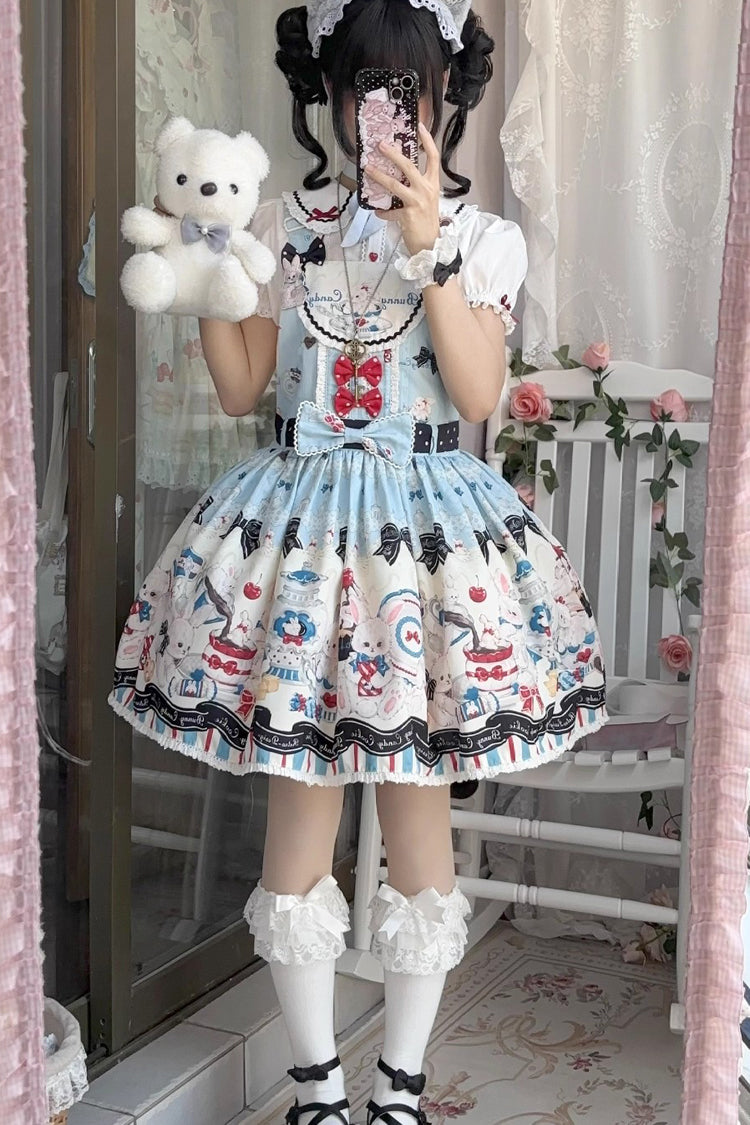 Blue Mystery Rabbit Tea Party Sleeveless Print Bowknot Lace Sweet Lolita Strap Dress