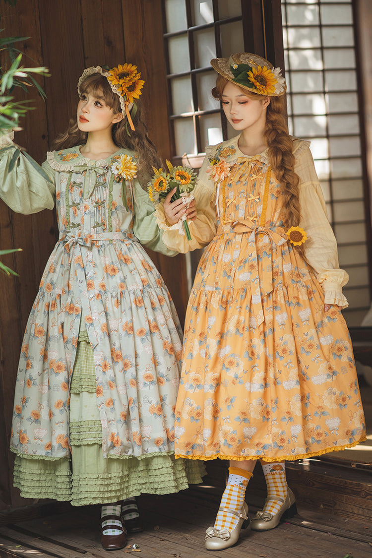 Yellow Gardening Sunflower Sleeveless Print Ruffle Bowknot Sweet Elegant Lolita Jsk Dress