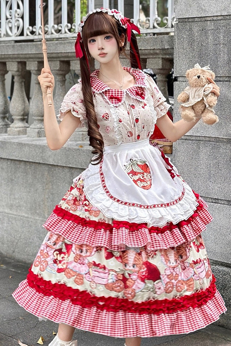 Red Bear Strawberry Ode Print Short Sleeves Double-Layered Ruffle Bowknot Sweet Princess Lolita Jsk Dress