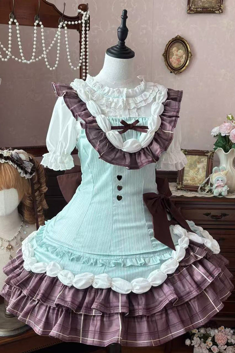 Green/Brown Creamy Thin Chocolate Sleeveless Multi-Layered Printed Ruffled Bow Asymmetric Sweet Lolita Jsk Dress