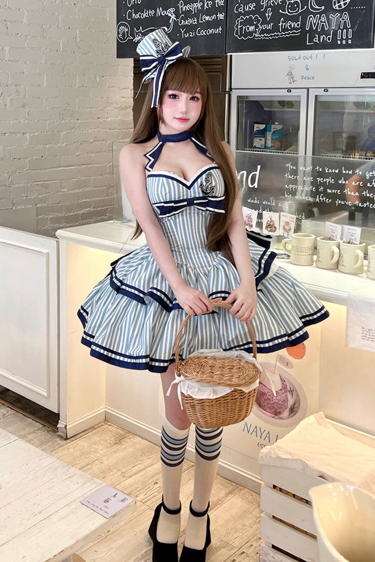 Blue Sailing Sweetheart Double-Layered Vertical Stripes Print Ruffle Bowknot Sweet Lolita Dress