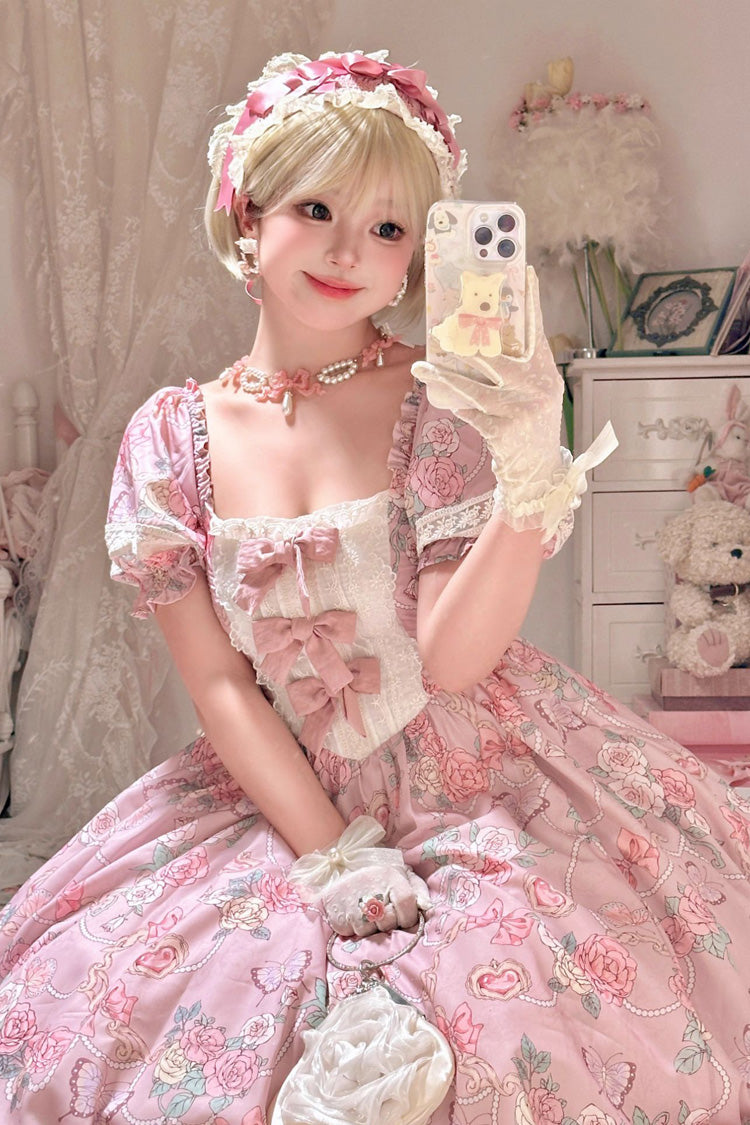 Pink Gem Rose Print Short Puff Sleeves Ruffle Bowknot Sweet Plus Size Lolita Dress