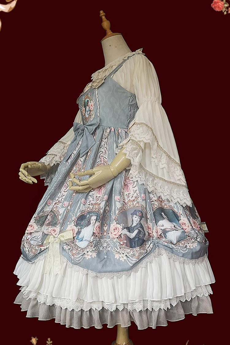 Portrait of A Little Lady Print Ruffle Bowknot Lace Classic Vintage Elegant Lolita Jsk Dress 3 Colors