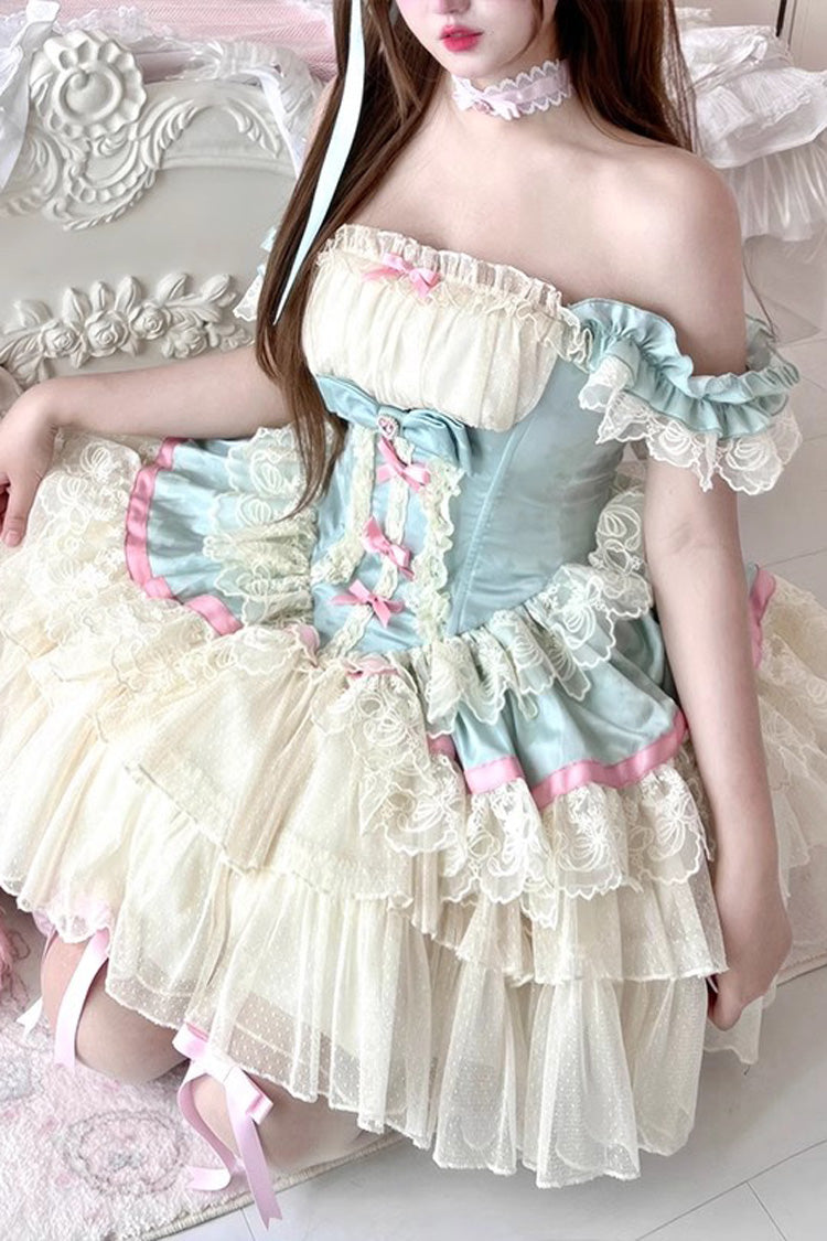 Blue/White Girly Scent Triple-Layered Ruffle Bowknot Lace Sweet Ballet Lolita Dress