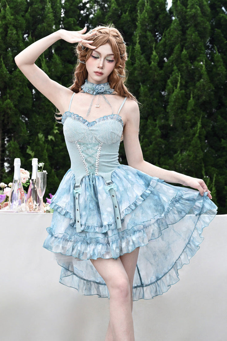 Blue Mirrorless Dream Double-Layered Tie-dyed Print Ruffle Bowknot Lace Train Sweet Lolita Jsk Dress