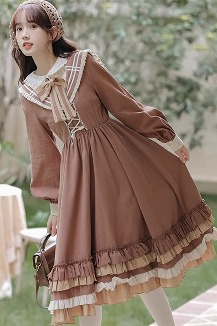 Brown Long Sleeves Multi-layer Ruffle Two Fake Pieces Sweet Lolita Dress