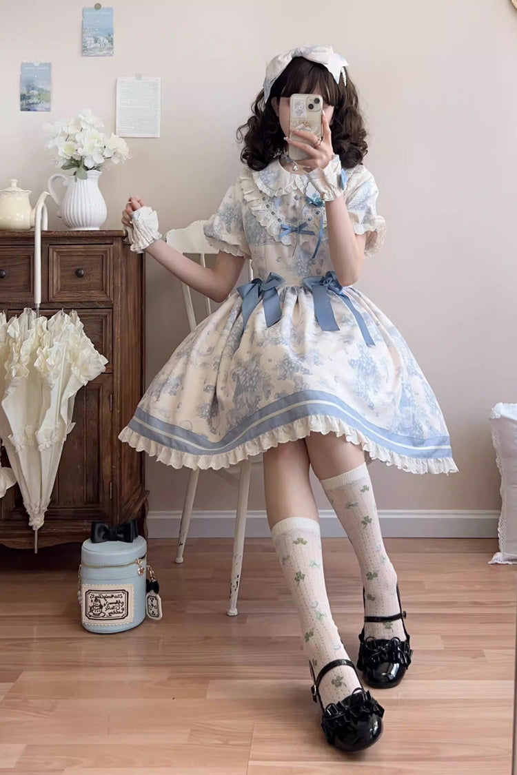 Blue Grape Moon Almanac Short Sleeves Multi-Layered Printed Ruffled Bow Sweet Lolita Dress