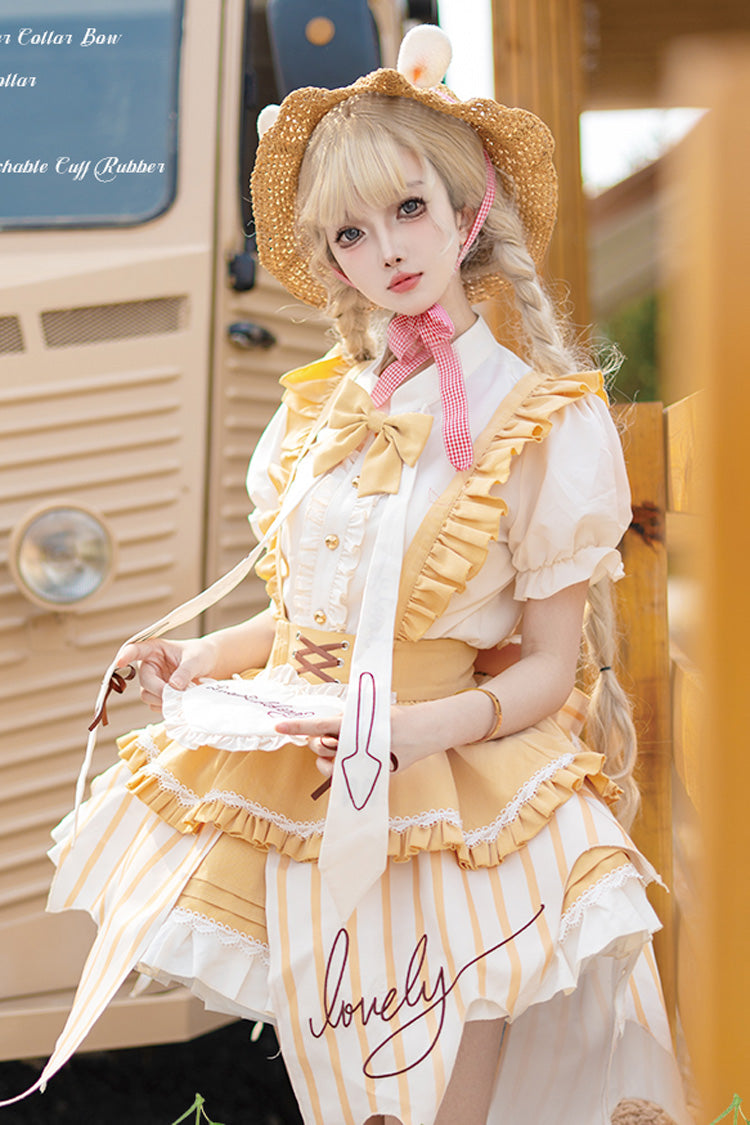 Fruit Pudding Vertical Lines Print Bowknot Irregular Sweet Lolita Dress 2 Colors