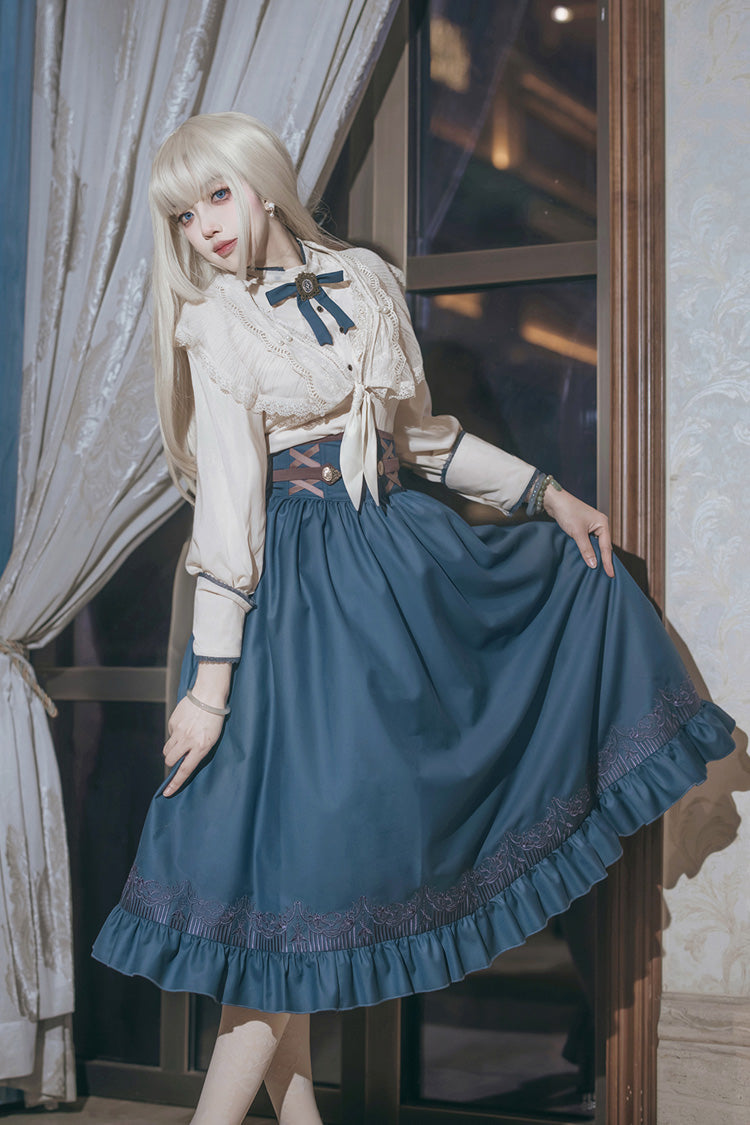 Blue Ruffle Embroidery Lace-Up Sweet College Style Elegant Lolita Skirt