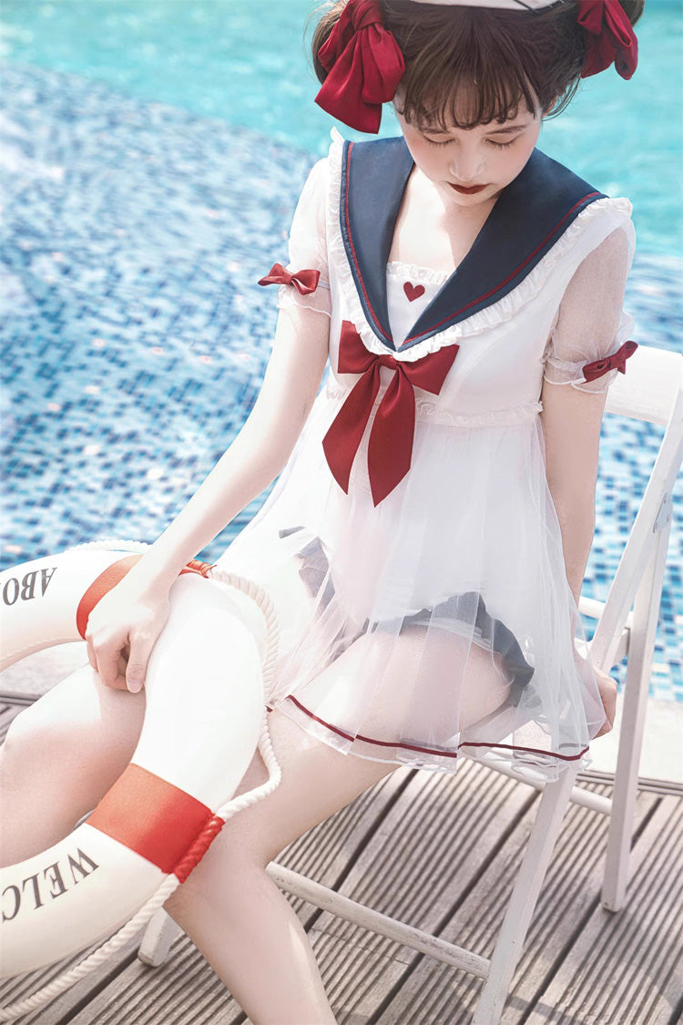 White/Blue/Red Bowknot Short Sleeves Navy Cute Sweet Lolita One Piece Swimsuit