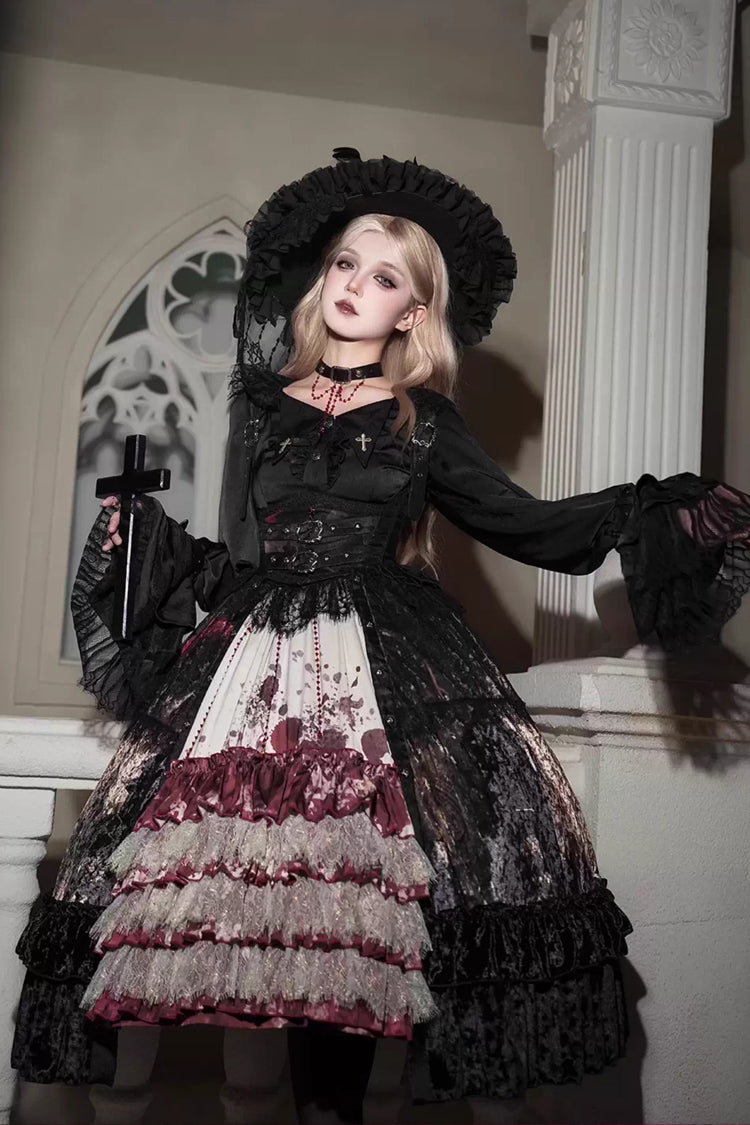 Heretical Nun Sleeveless Multi-Layered Printed Ruffled Open-Front Gothic Plus Size Lolita Strap Dress Short Version 2 Colors