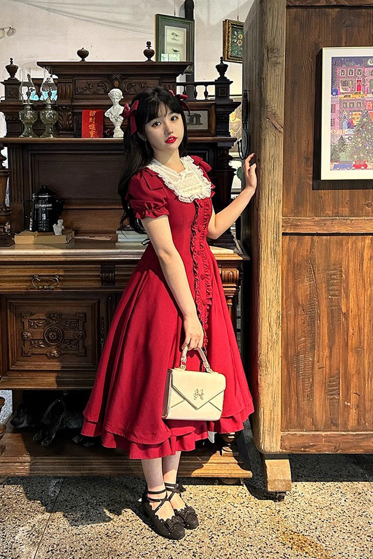 Wine Red Annie's Gift Short Sleeves Bowknot Sweet Lolita Dress (Plus Size Support)