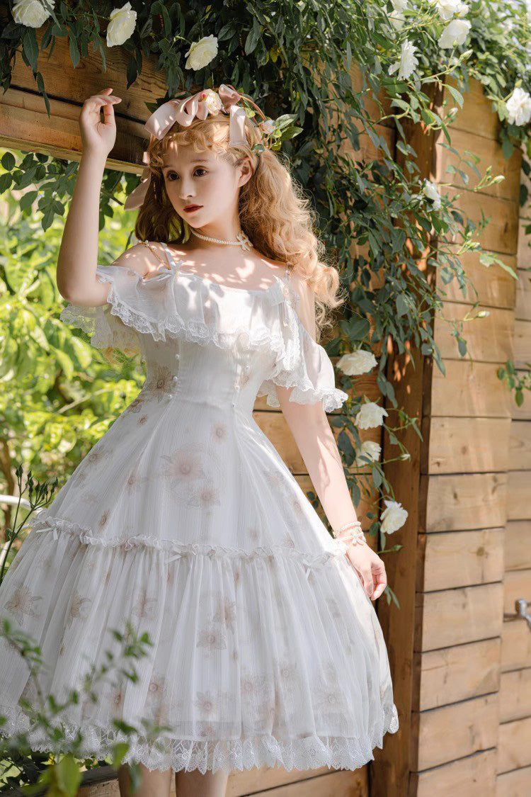 White Sunflower Dance Print Sweet Elegant Princess Lolita Jsk Dress
