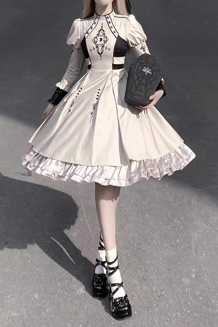 White Long Sleeves Multi-layer Moon Talisman Print Ruffle Gothic Lolita Dress