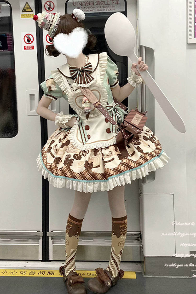 Brown Peppermint Chocolate Chocolate Cake Bear Print Ruffle Bowknot Lace-Up Sweet Lolita Dress