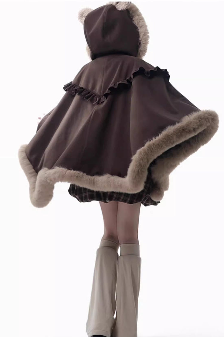 Brown Fluffy Little Bear Sleeveless Printed Ruffled Bow Sweet Lolita Strap Dress
