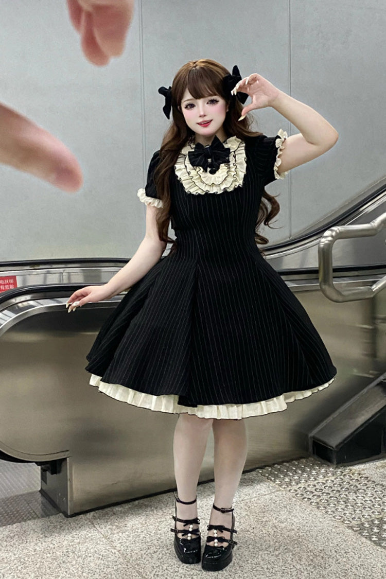 Black Short Sleeves Stripe Print Ruffle Bowknot Sweet Plus Size Maid Lolita Dress